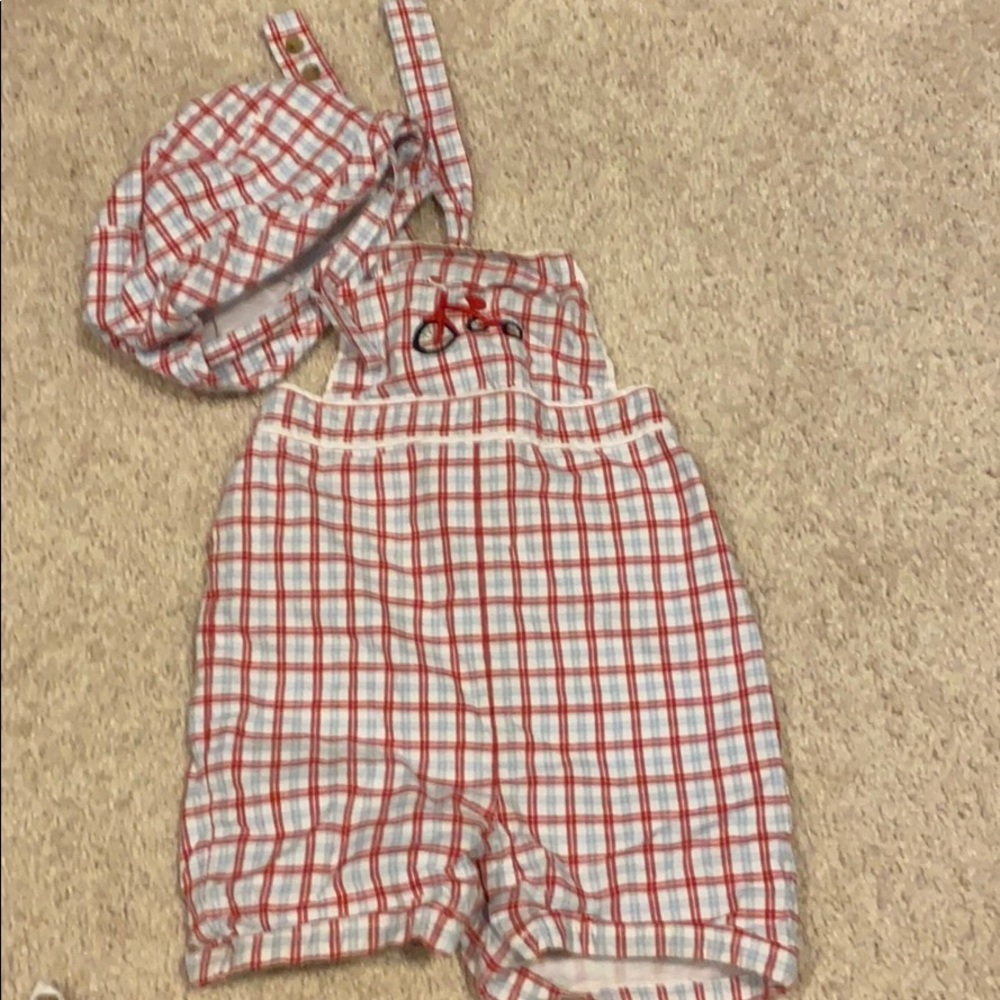 Summer Janie + Jack overalls, onesie + hat